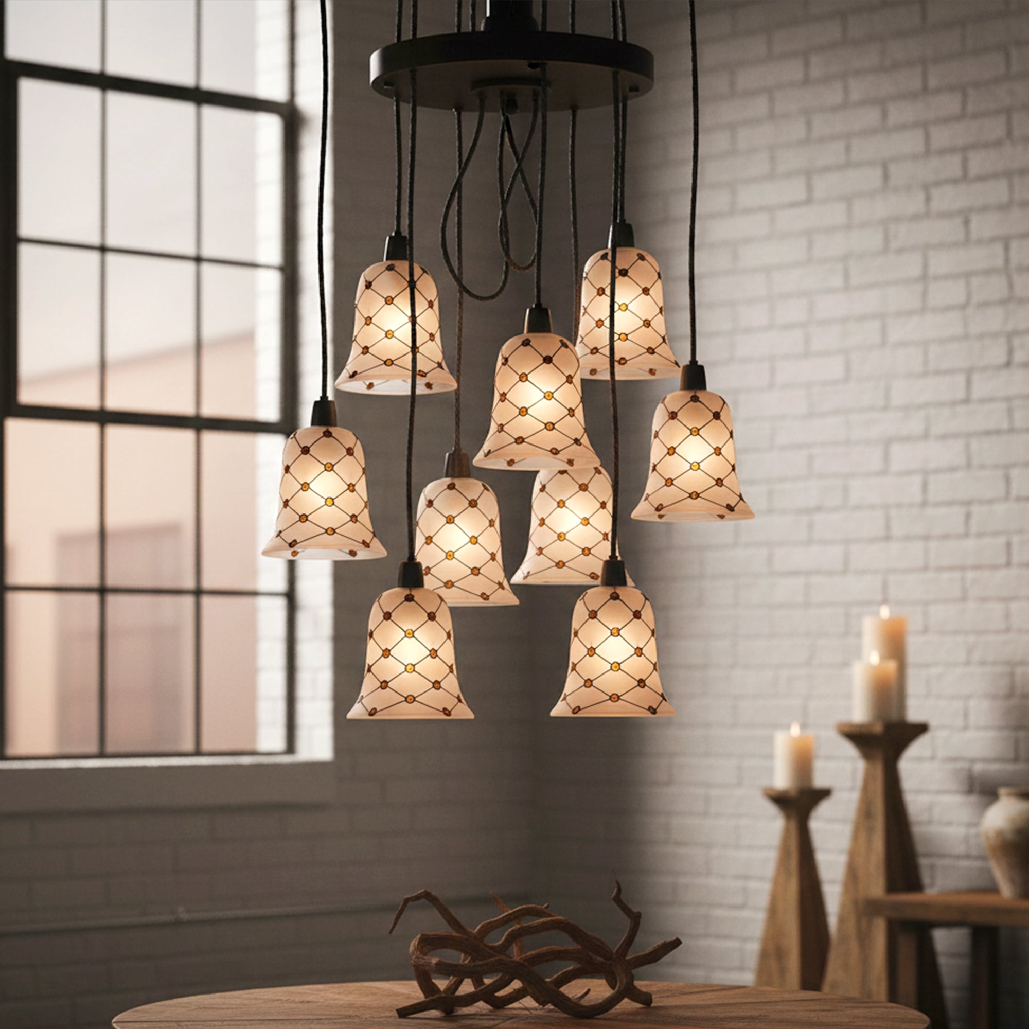 Frosted Glass Bell Lamp Shade – Amber Bead Mosaic E27