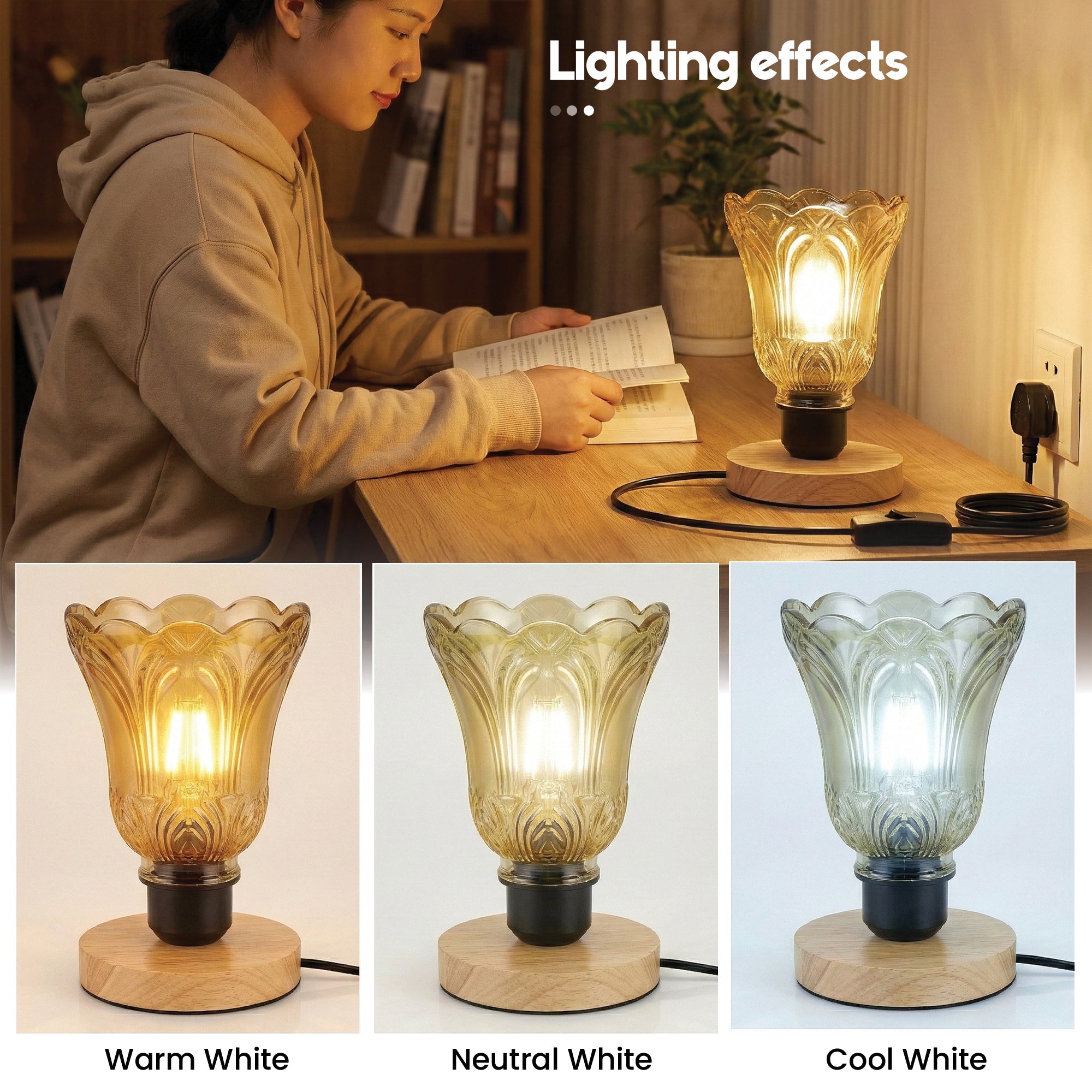 Vintage Glass Table Lamp with Wooden Base – E27