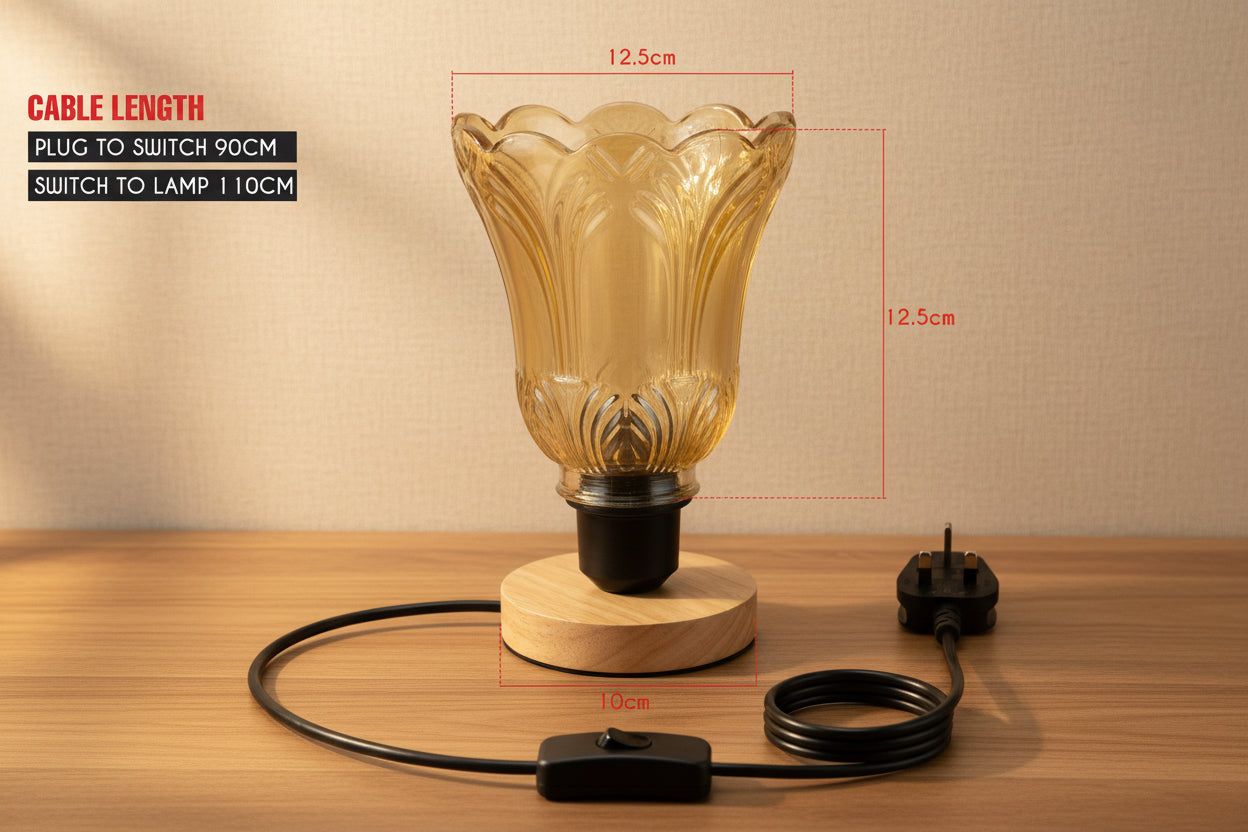 Vintage Glass Table Lamp with Wooden Base – E27