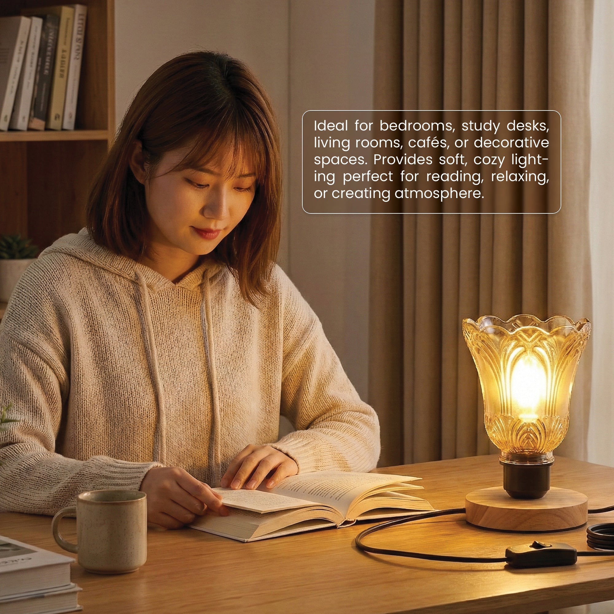 Vintage Glass Table Lamp with Wooden Base – E27