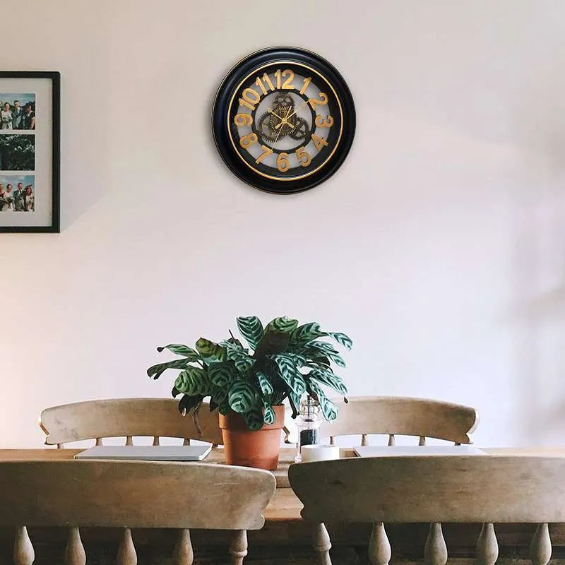 Antique Black & Gold Gear Wall Clock – Silent Sweep