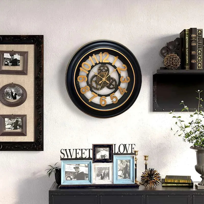 Antique Black & Gold Gear Wall Clock – Silent Sweep