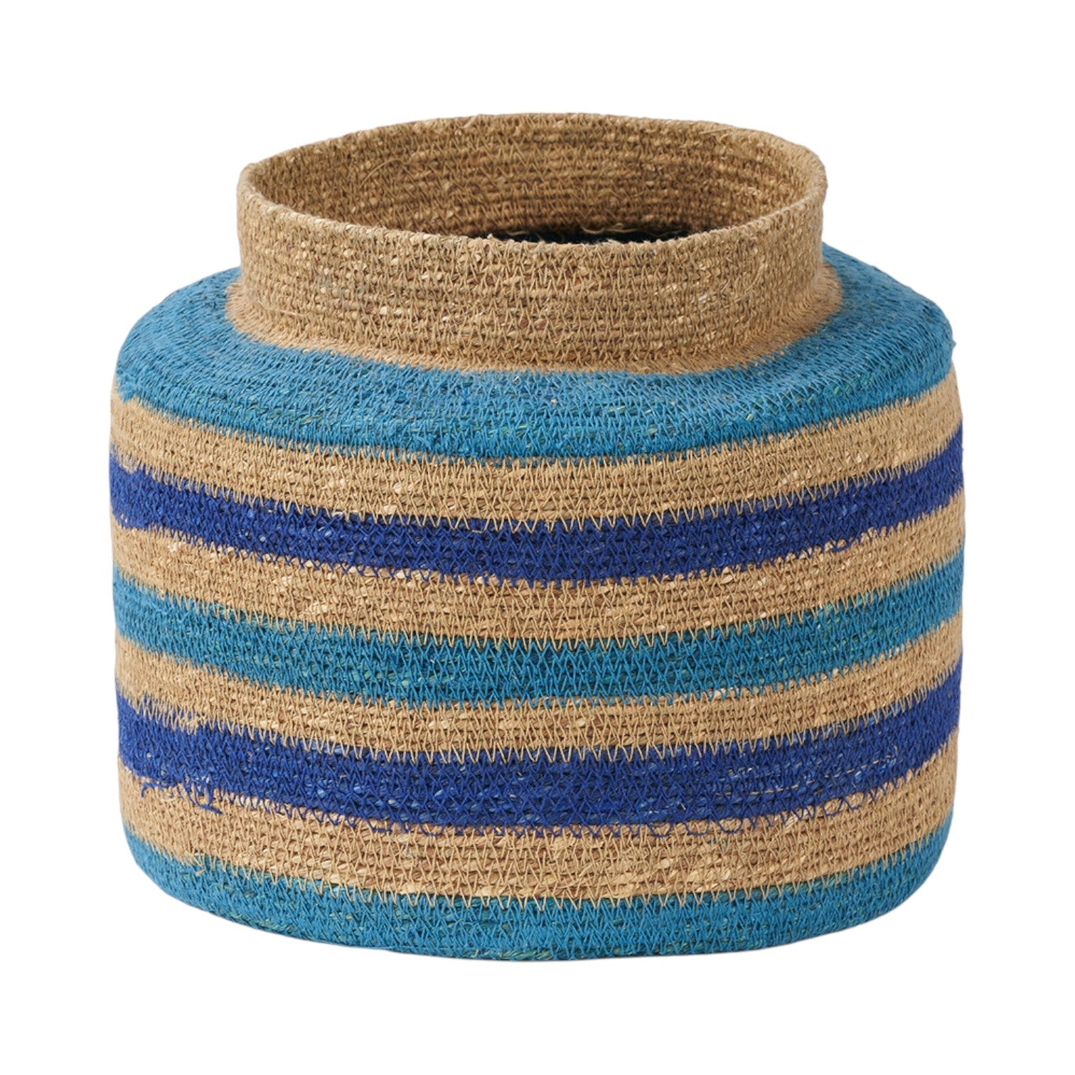 Seagrass Round Storage Basket – Natural, Blue & Turquoise Stripe