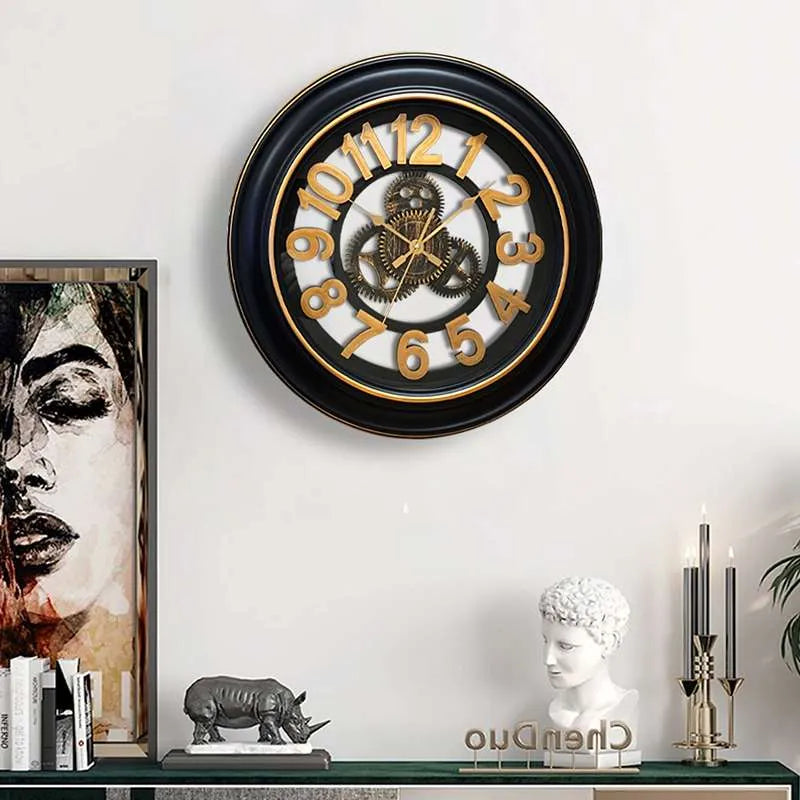 Antique Black & Gold Gear Wall Clock – Silent Sweep