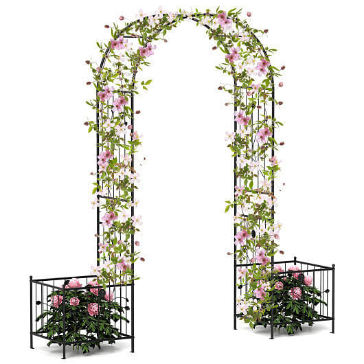 2 in 1 Garden Arbor with 2 Side Planters and 8 Ground Stakes-Black