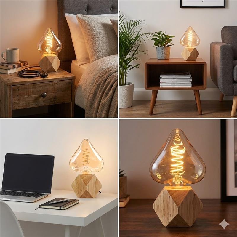 LED Table Lamp with Wooden Base & Decorative Bulb