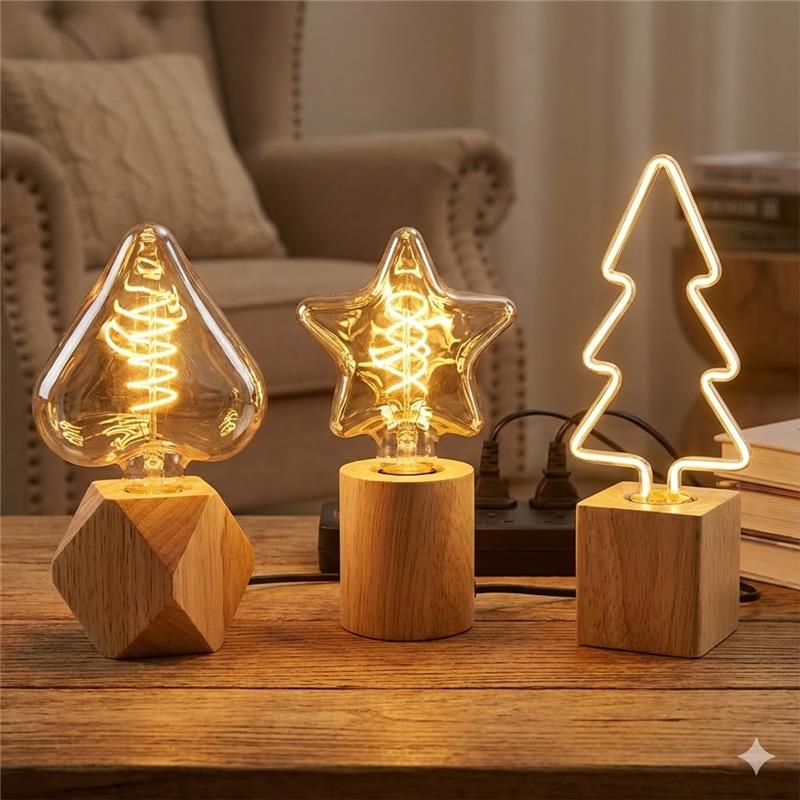 LED Table Lamp with Wooden Base & Decorative Bulb