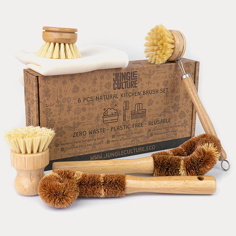 Natural Plant-Based Dish Brush Set – 6 Piece Zero Waste Kitchen Starter Set