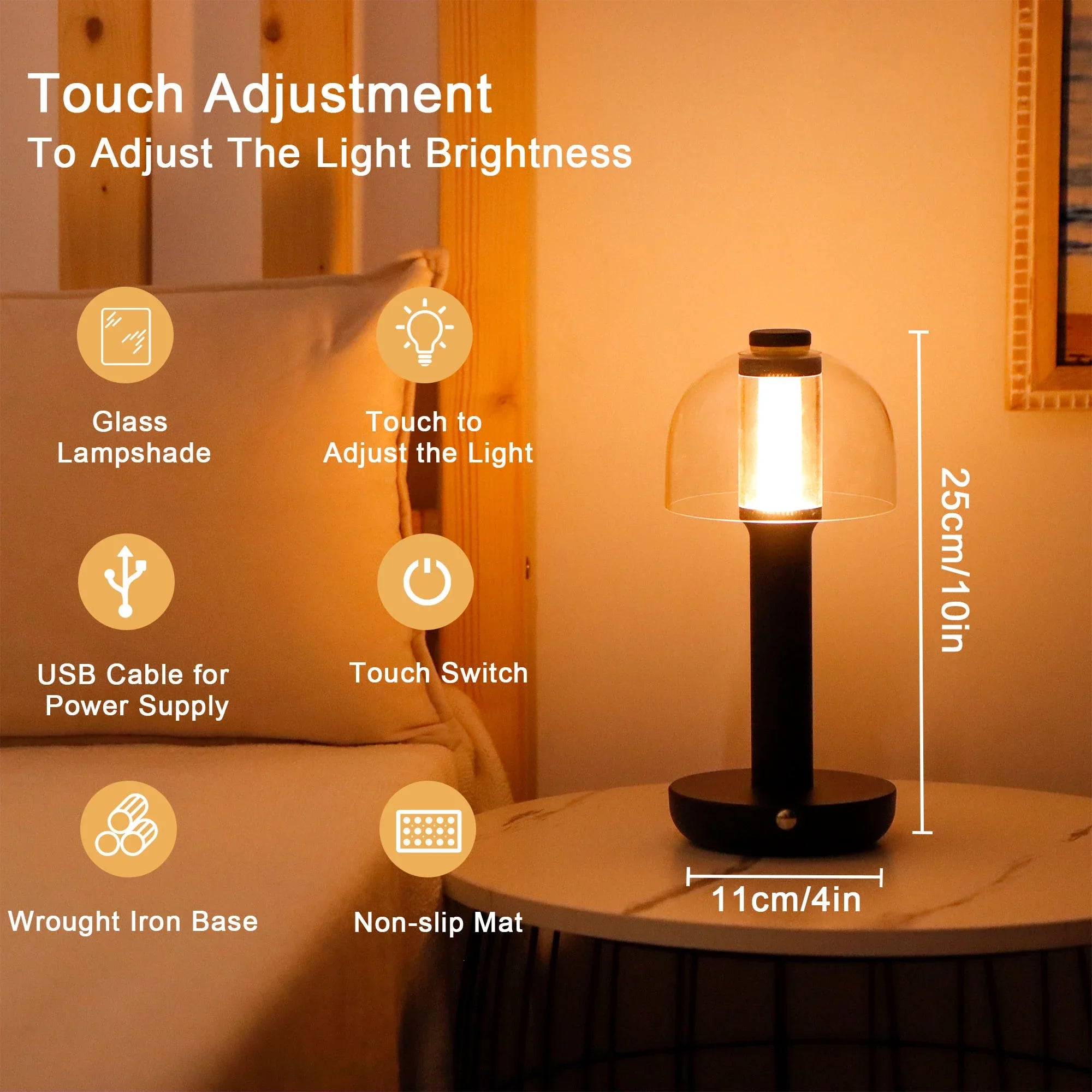 Dimmable Glass Table Lamp – 3-Colour Touch & USB
