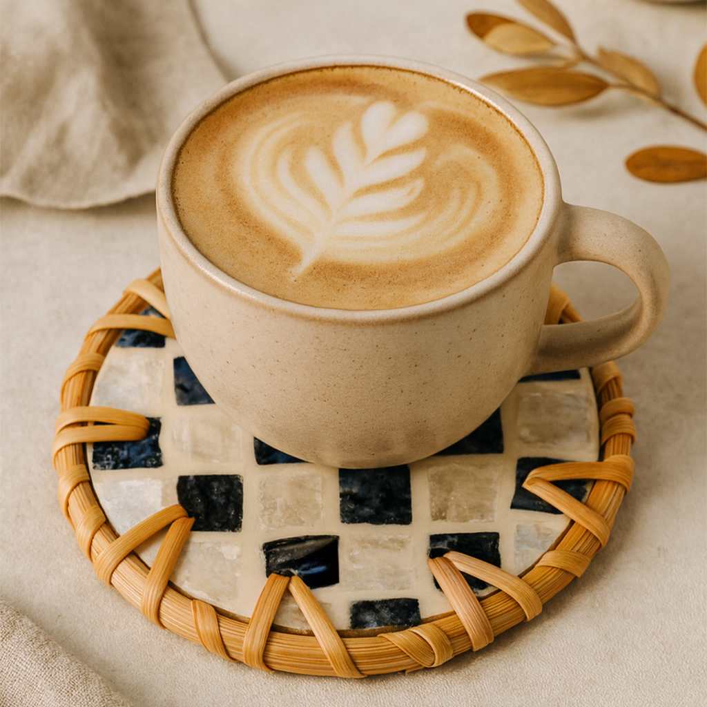 Handmade Rattan & Mother of Pearl Coaster Set – 6 Piece with Holder