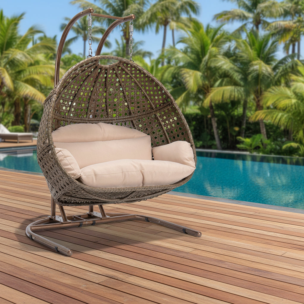 Brown Wicker Hanging Double-Seat Swing Chair