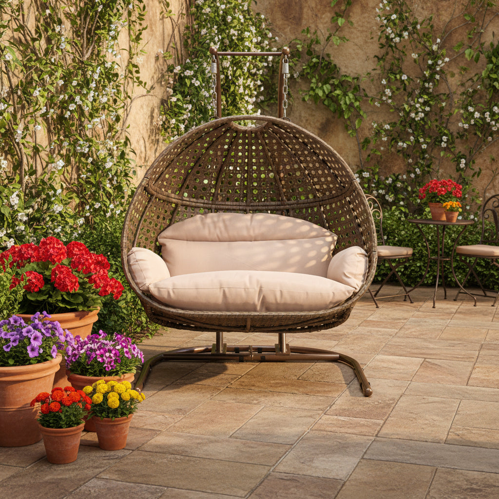 Brown Wicker Hanging Double-Seat Swing Chair