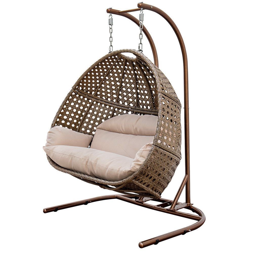 Brown Wicker Hanging Double-Seat Swing Chair
