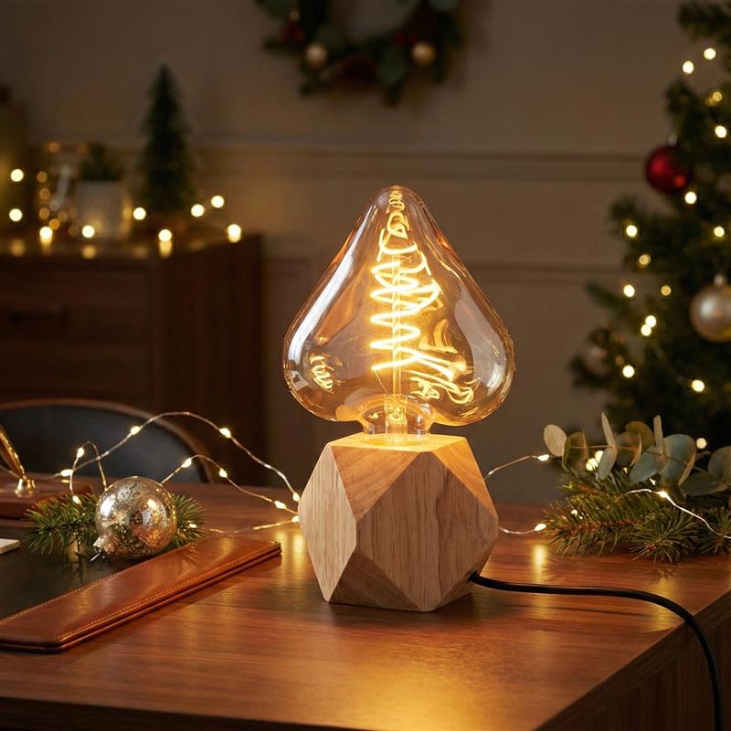 LED Table Lamp with Wooden Base & Decorative Bulb