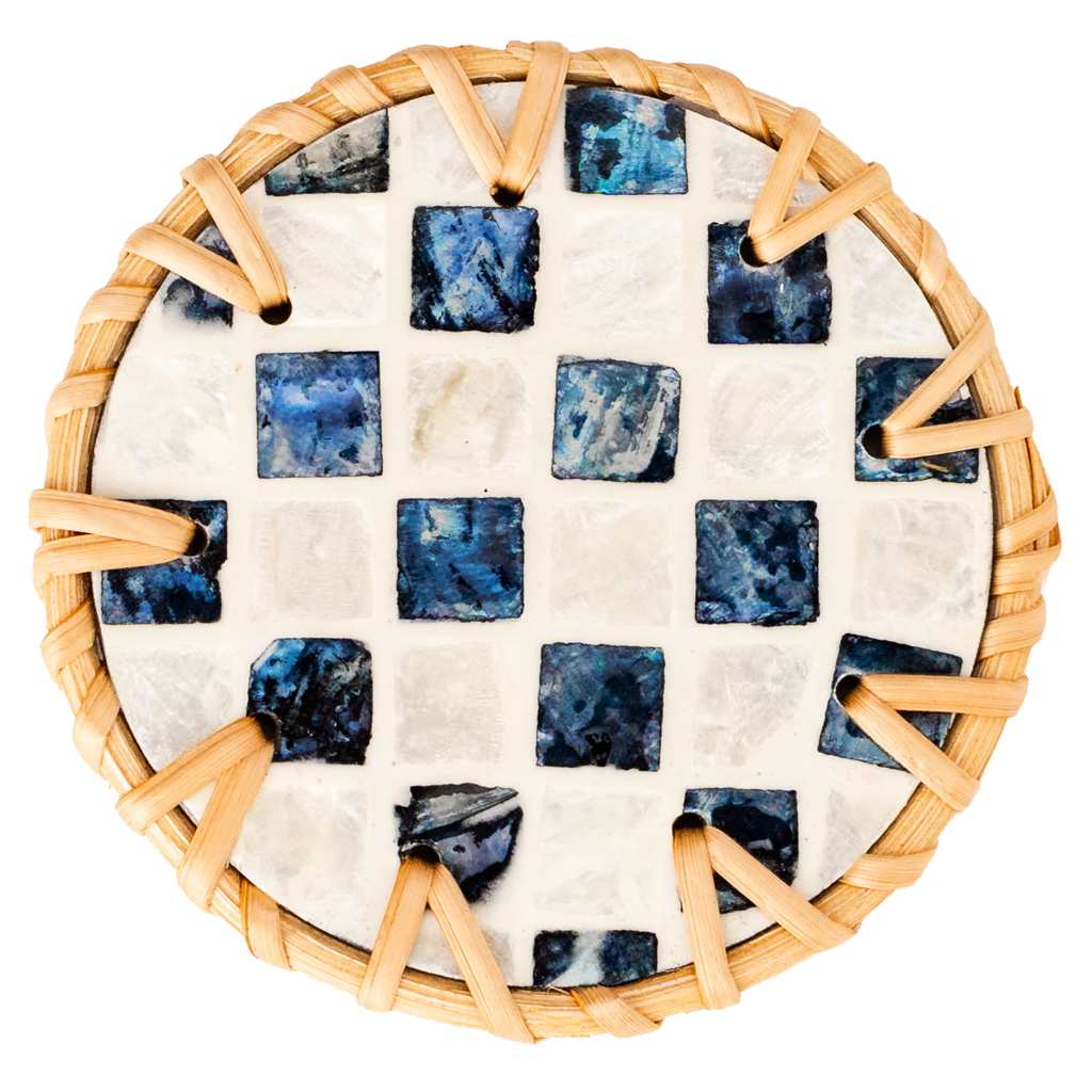 Handmade Rattan & Mother of Pearl Coaster Set – 6 Piece with Holder
