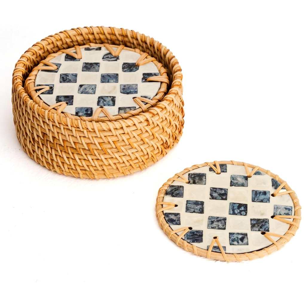 Handmade Rattan & Mother of Pearl Coaster Set – 6 Piece with Holder